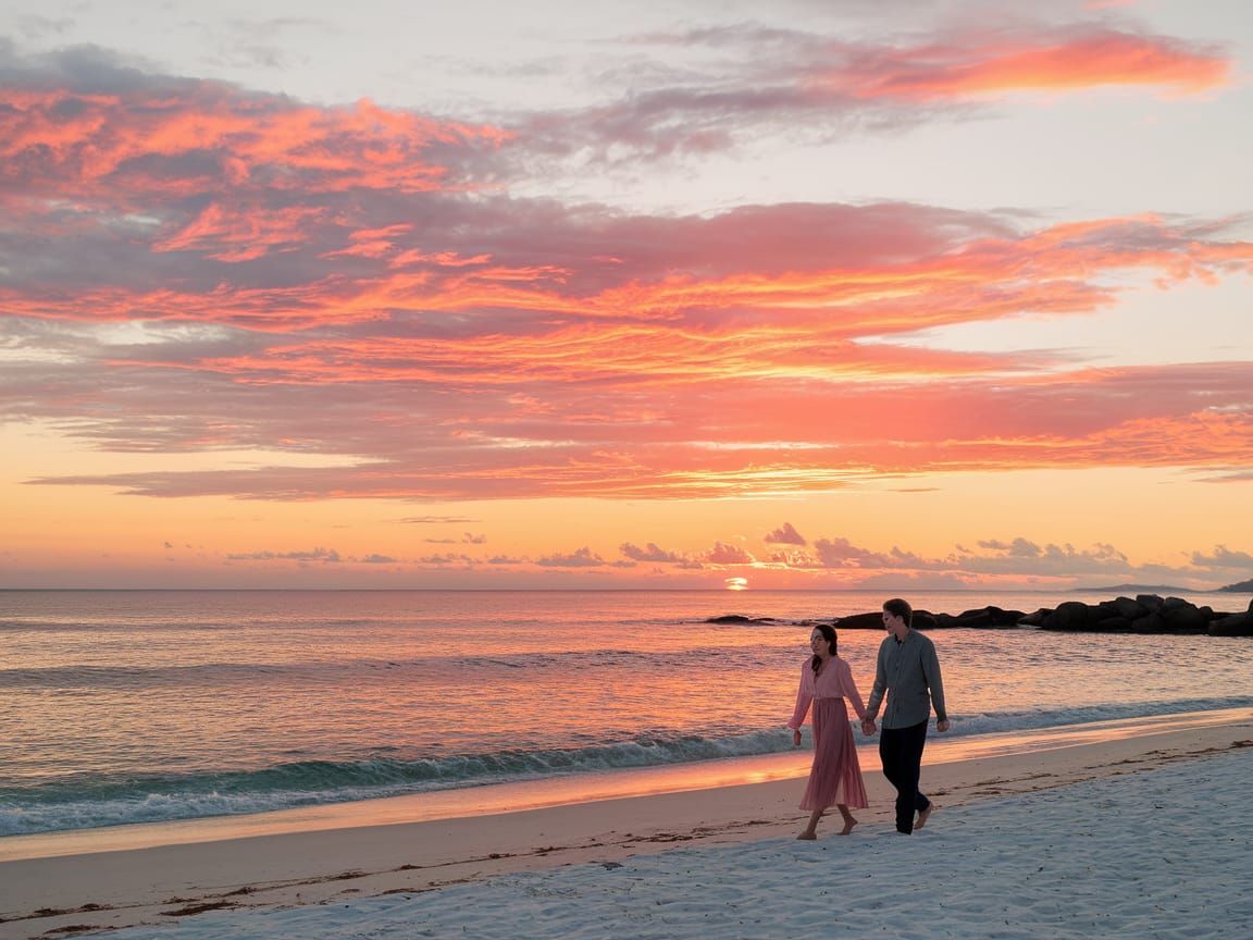 Stunning Sunrise Over Ocean with Couple on Beach