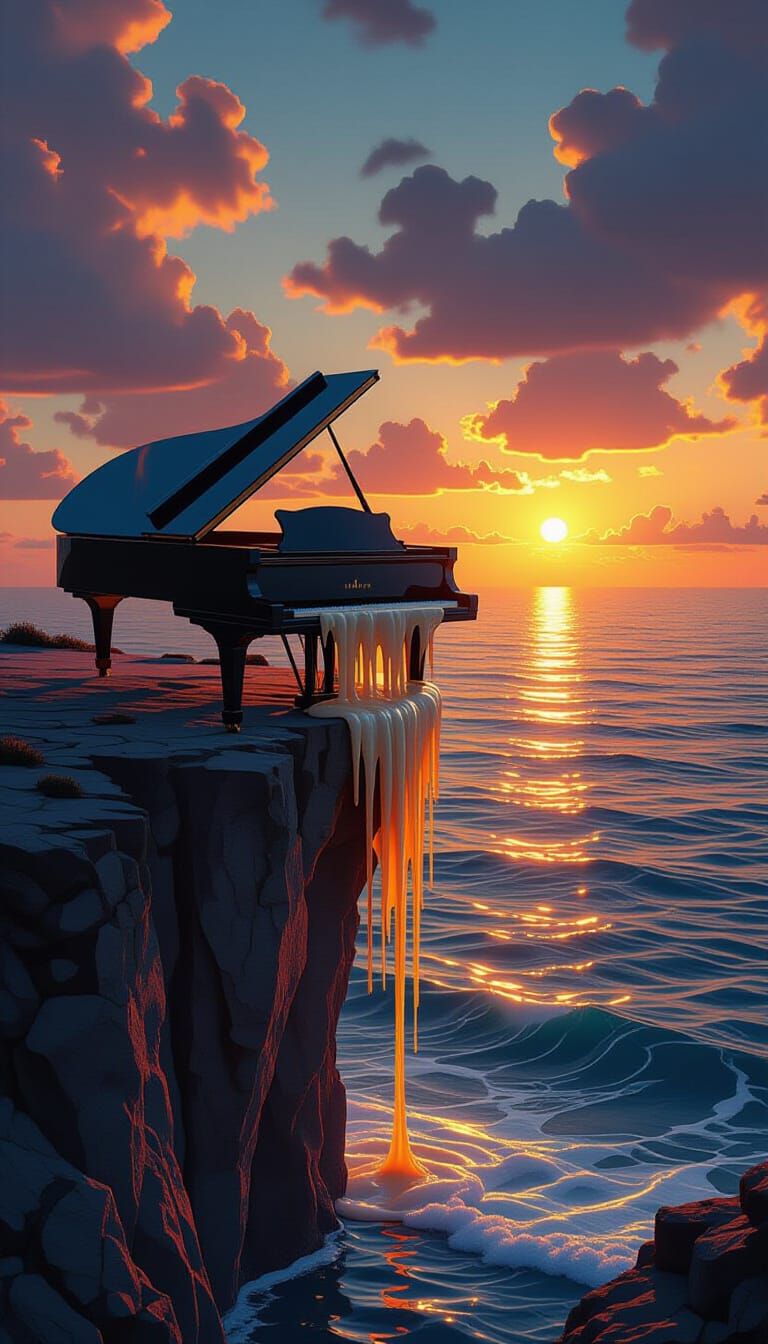 Surreal Melting Piano at Sunset, Painterly Textures