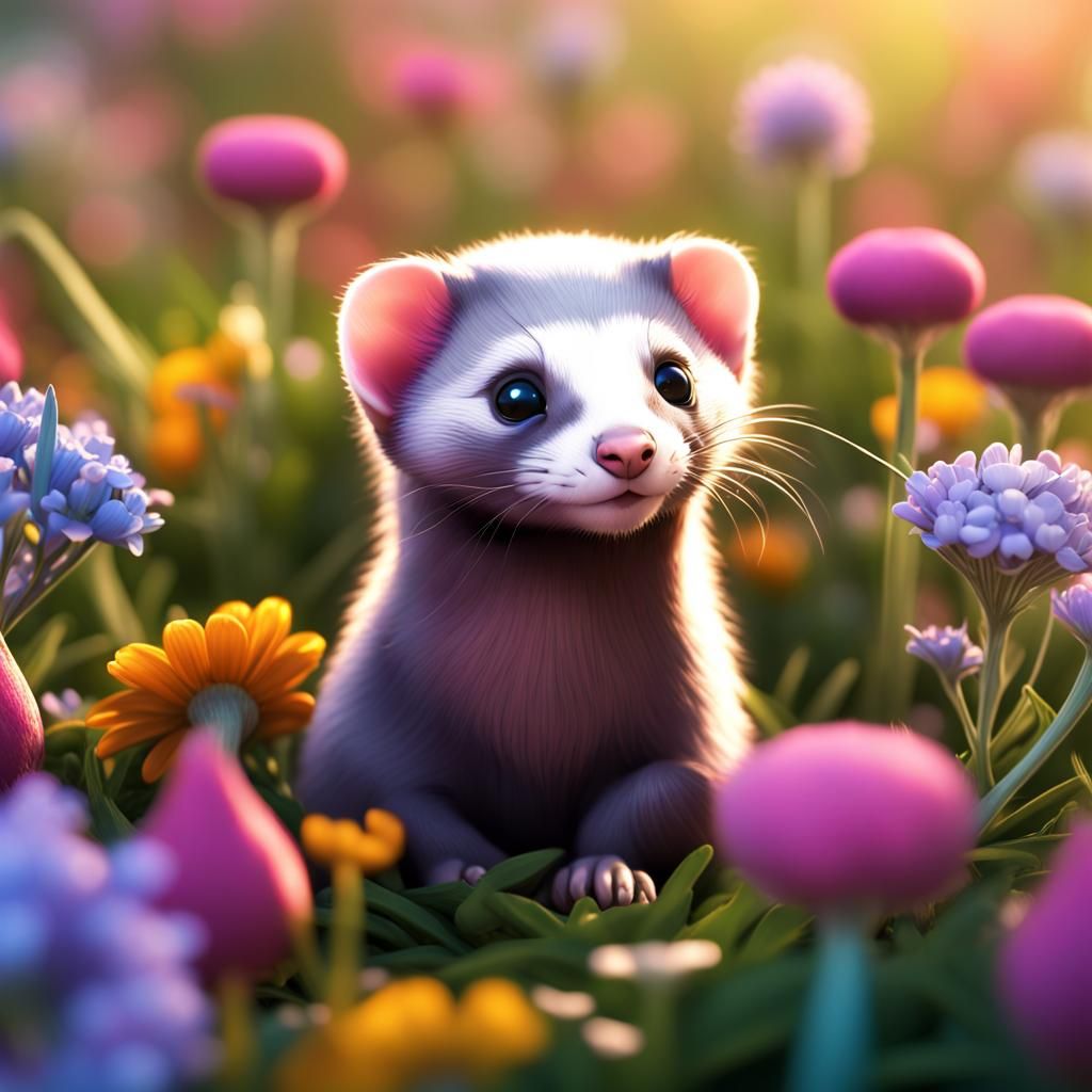 Baby Ferret in Wildflowers: 3D Rendered Art