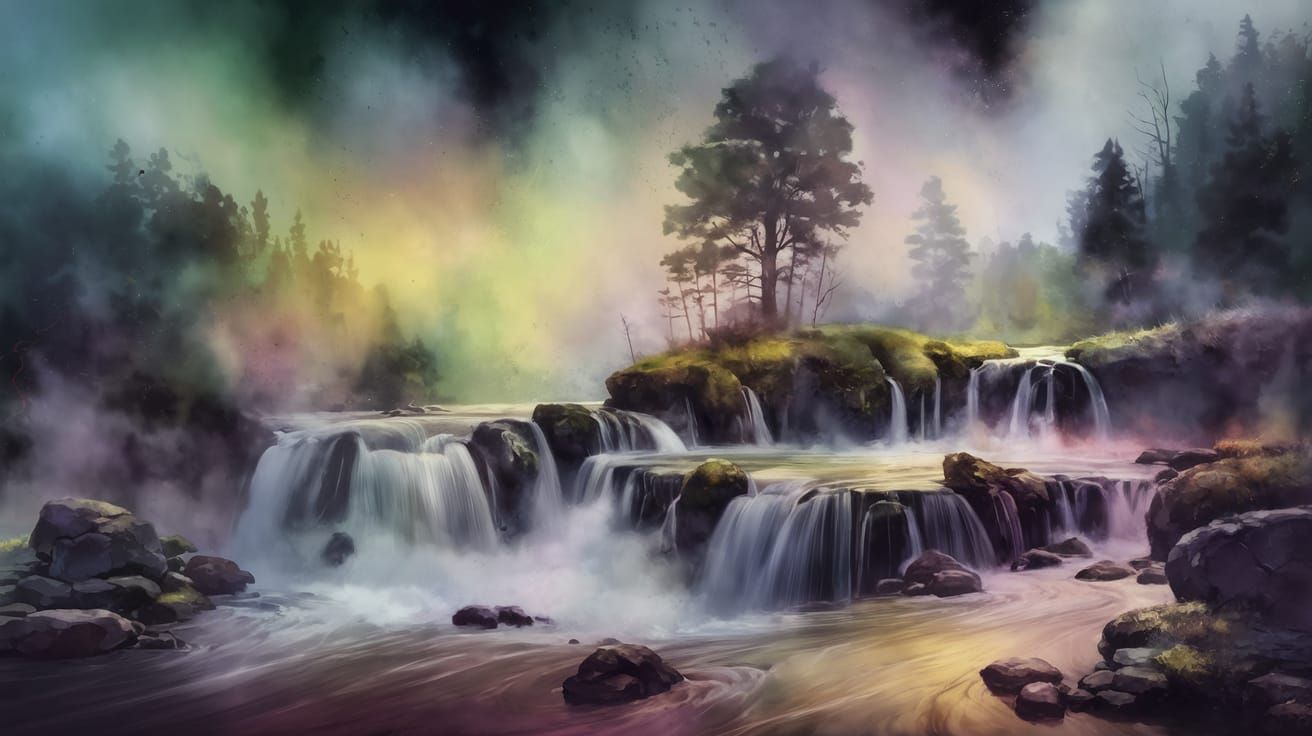 Ethereal Watercolor Landscape with Majestic River and Misty ...