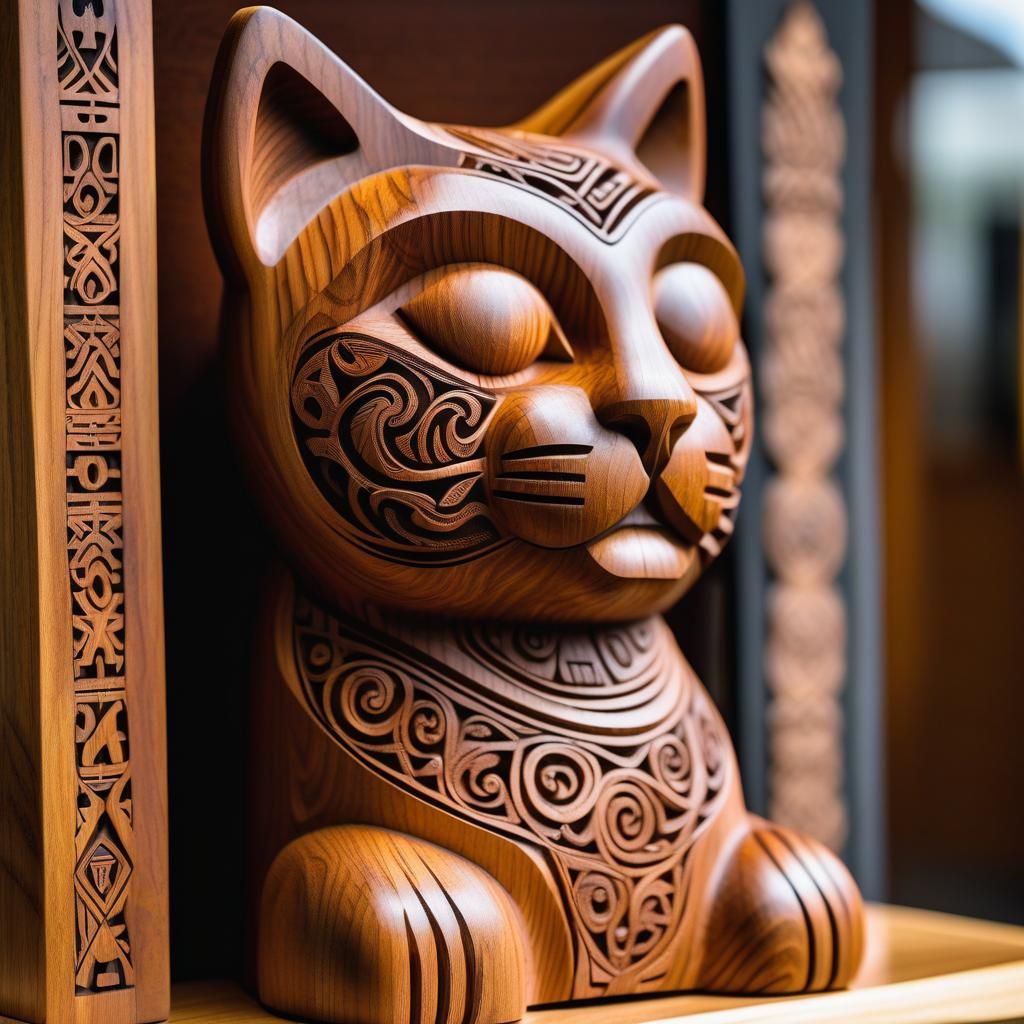 Maori Carved Wooden Cat Statue