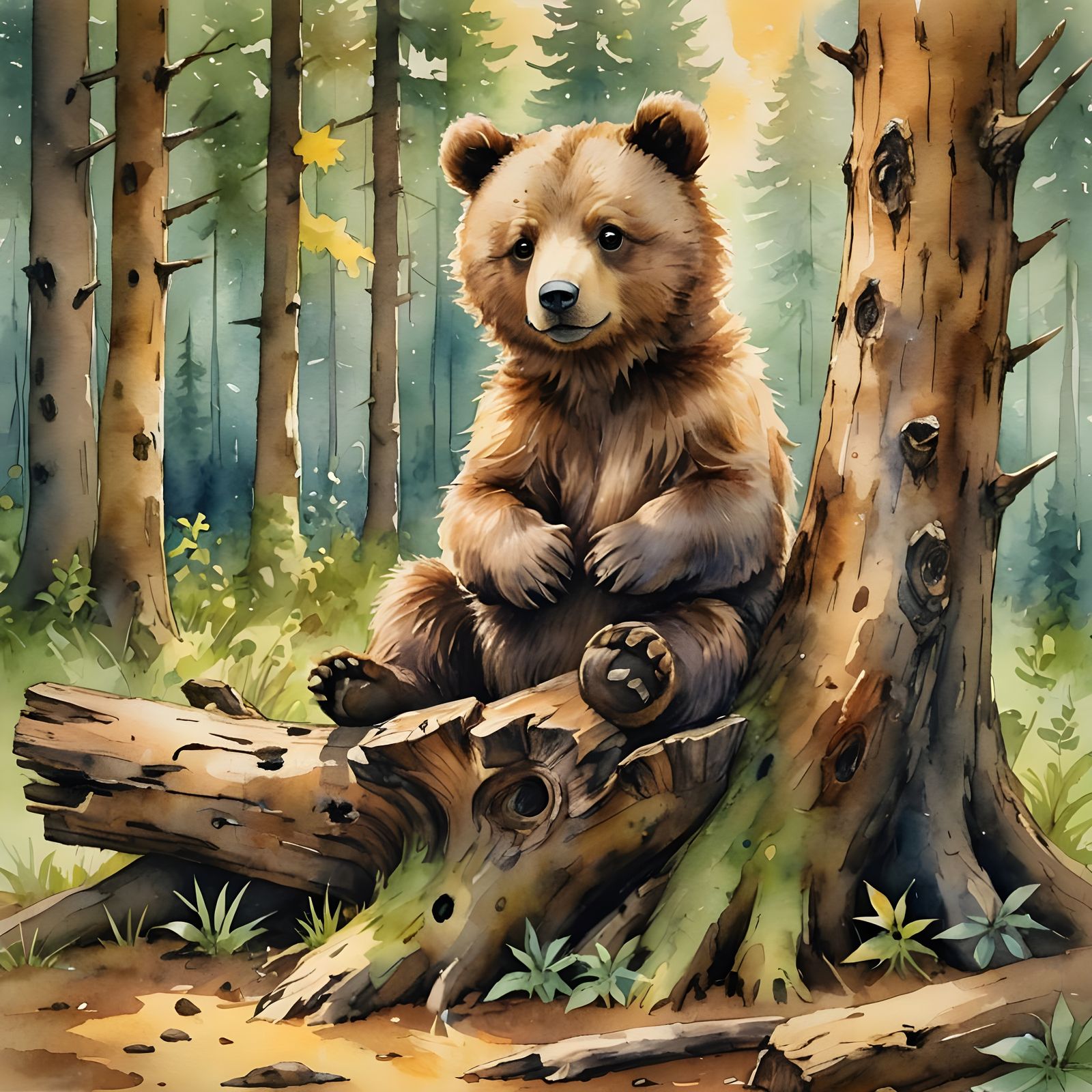 Adorable Bear Cub in Watercolor Style