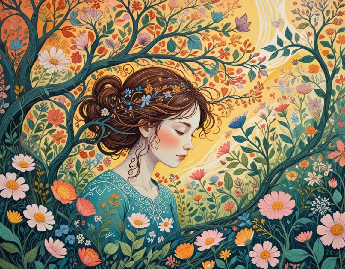 Girl in Garden as Hand-Colored Linoprint