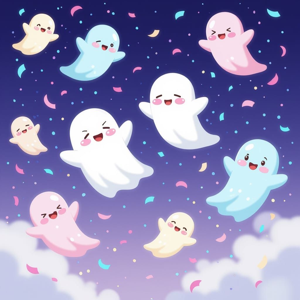Adorable Anime Ghosts Floating Amidst Confetti
