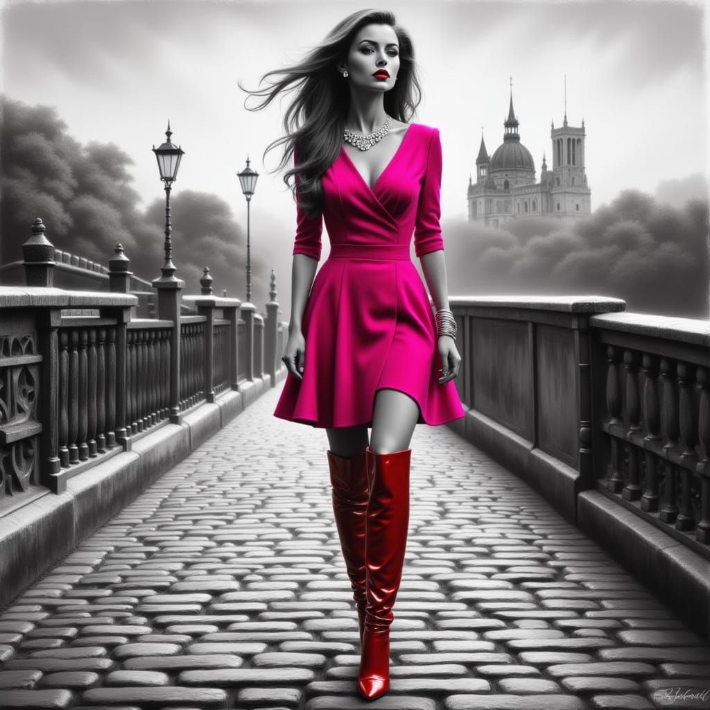 Ethereal Fantasy Woman on Bridge in Selective Color