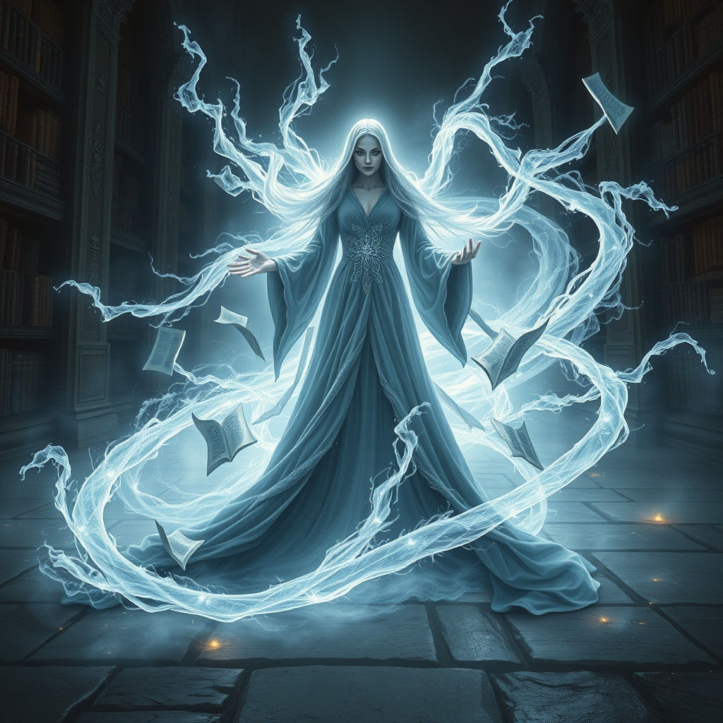Sorceress Radiating Arcane Power in Ancient Library