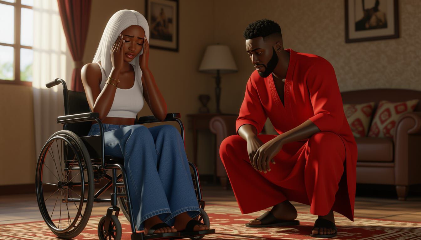 Emotional Scene: Woman Crying in Wheelchair, Man Comforts He...