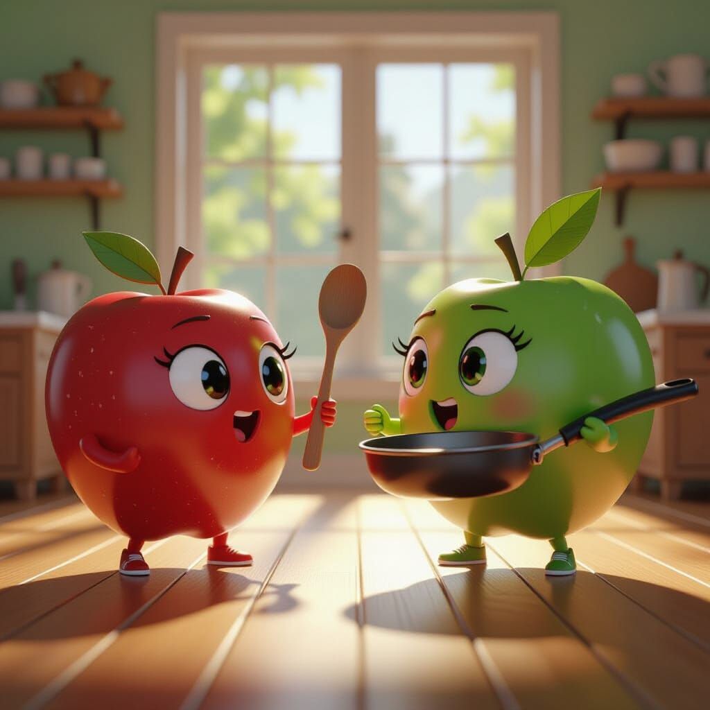Cute Apples in Playful Fight, Pixar Style