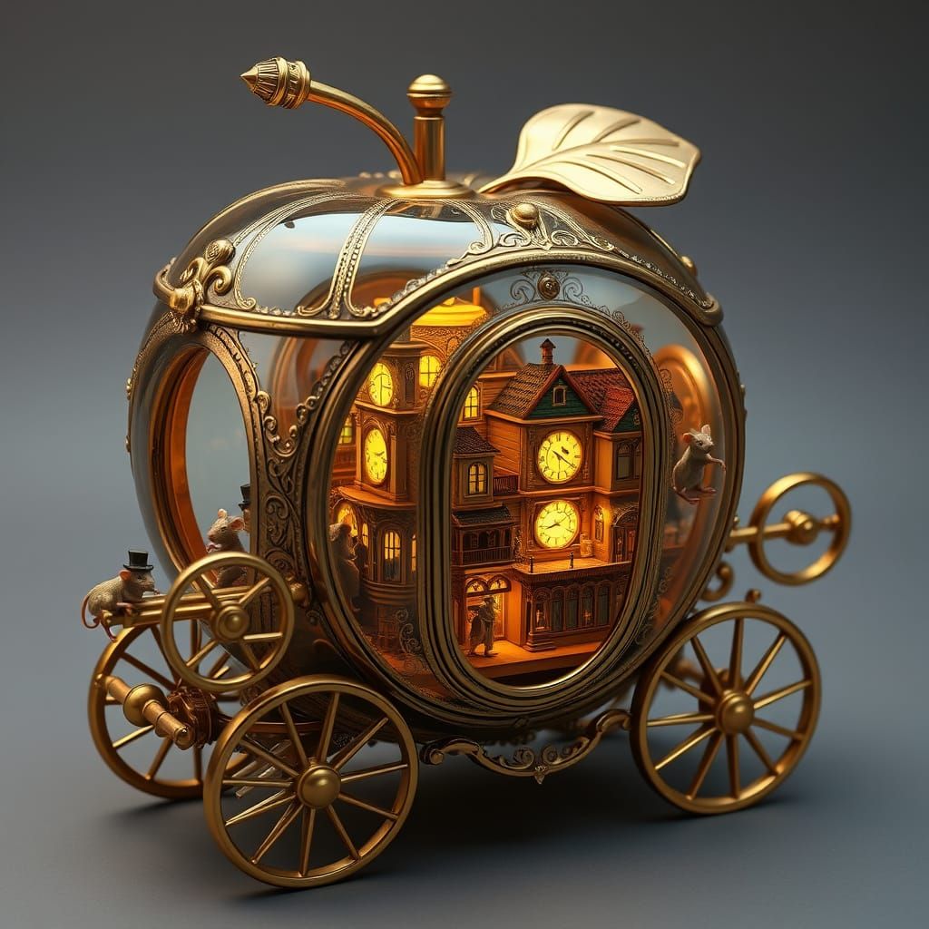 Golden Apple Carriage Whimsy: Steampunk Mice Neighborhood