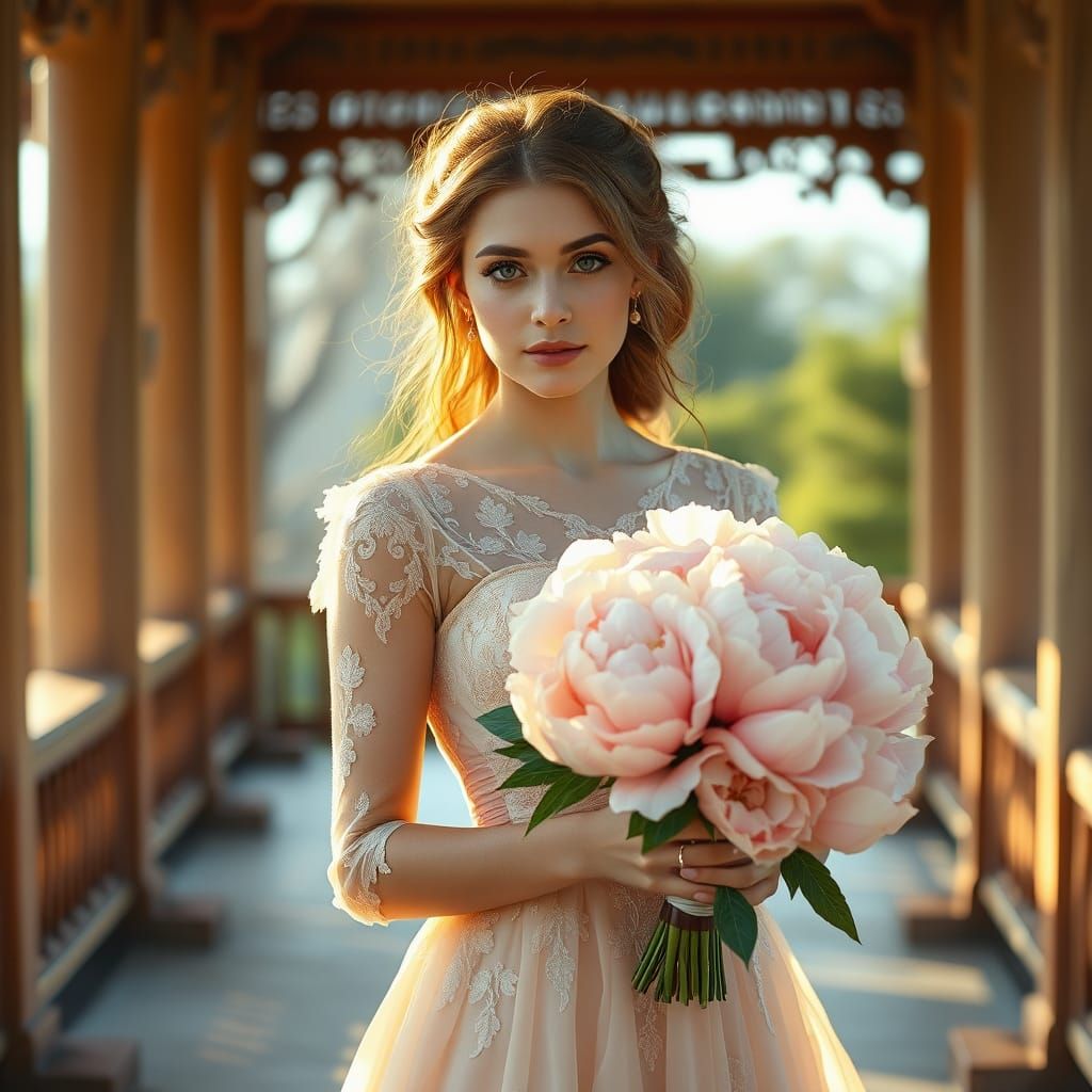 Ethereal Bride in Pastel Peach Gown, Holding Peonies, in Pre...
