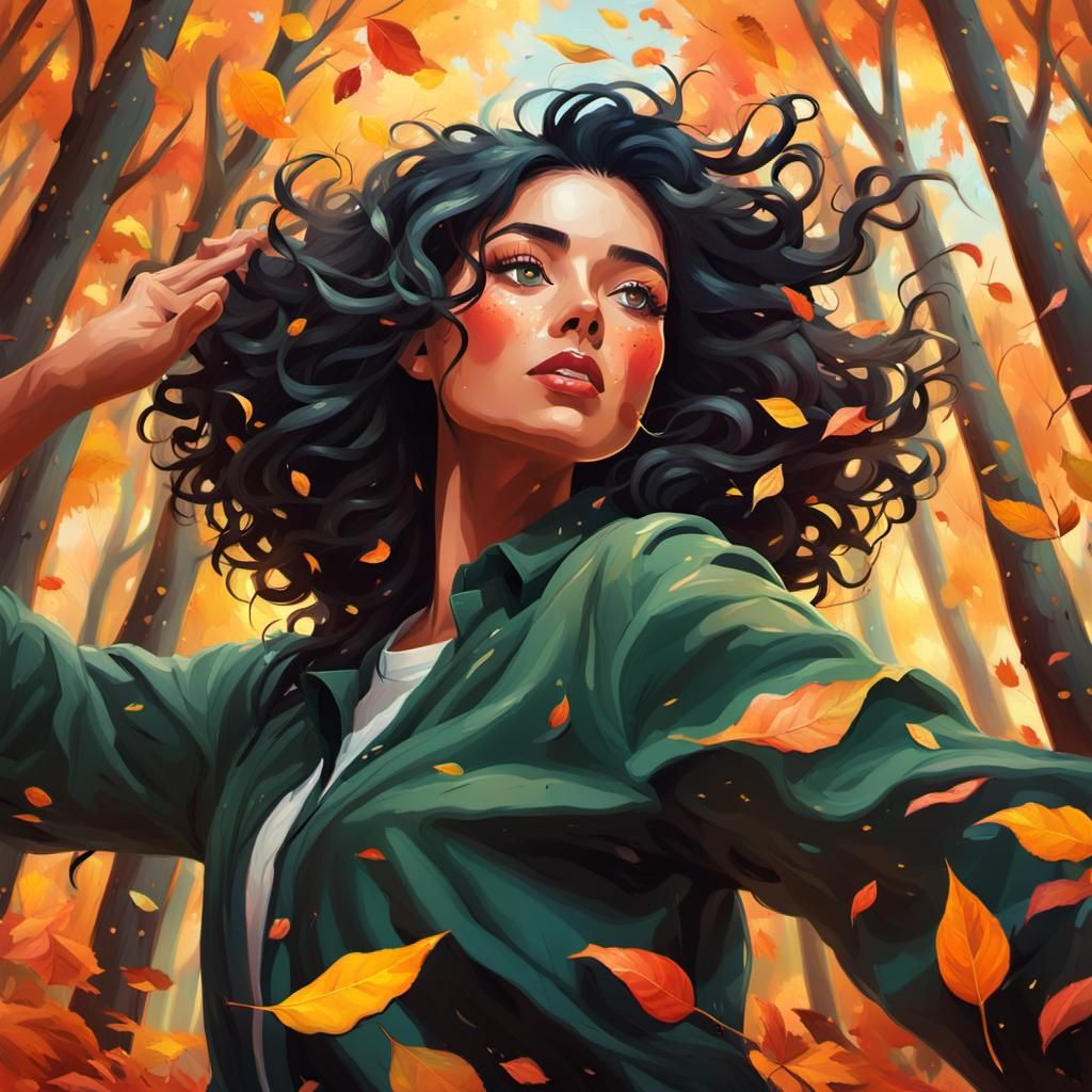 Girl Dancing in Autumn Forest: Art Nouveau Oil Painting