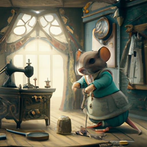 Mouse Doctor Sewing in Miniature House: Digital Painting