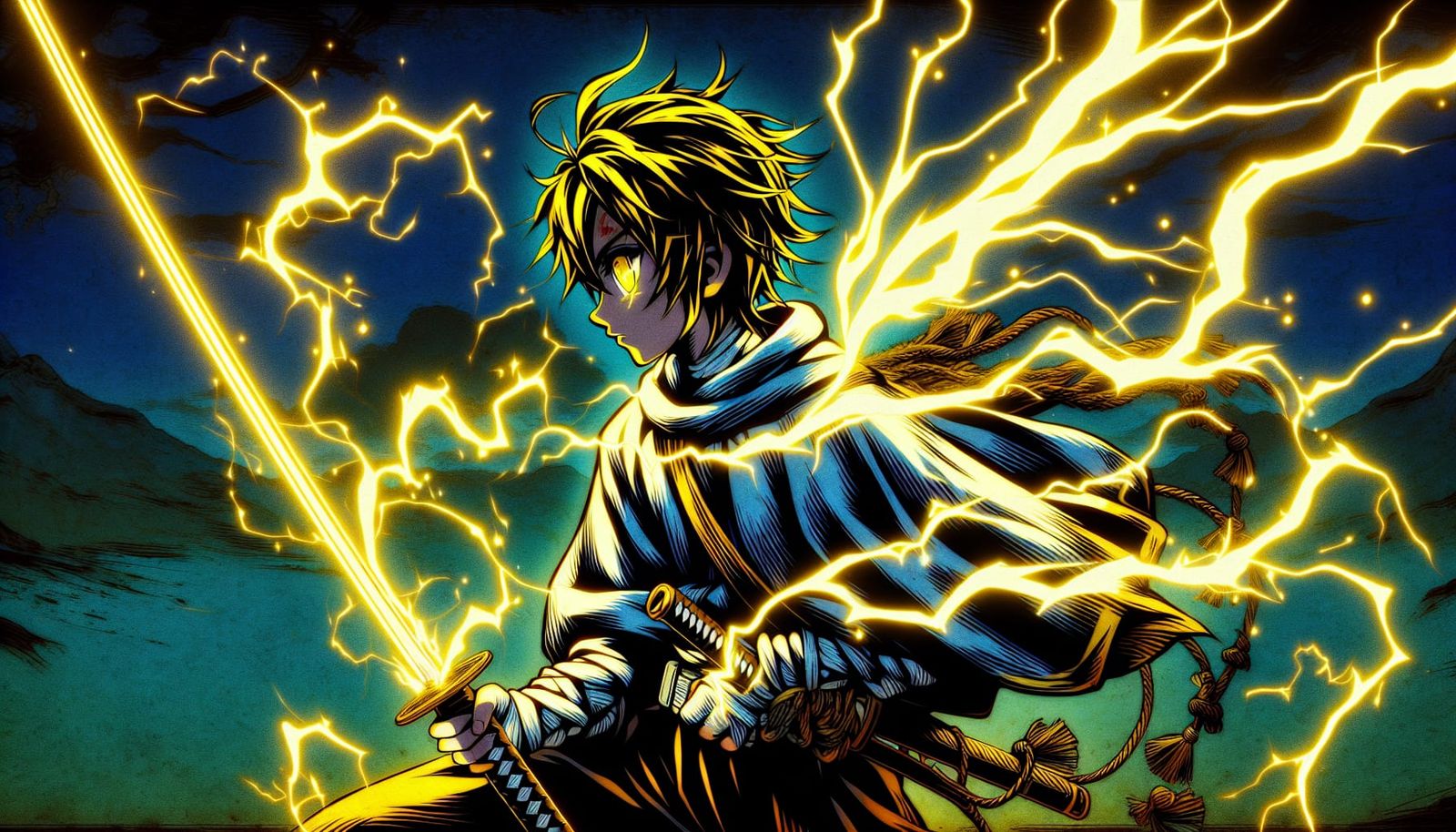 Anime Swordsman Emanating Yellow Lightning