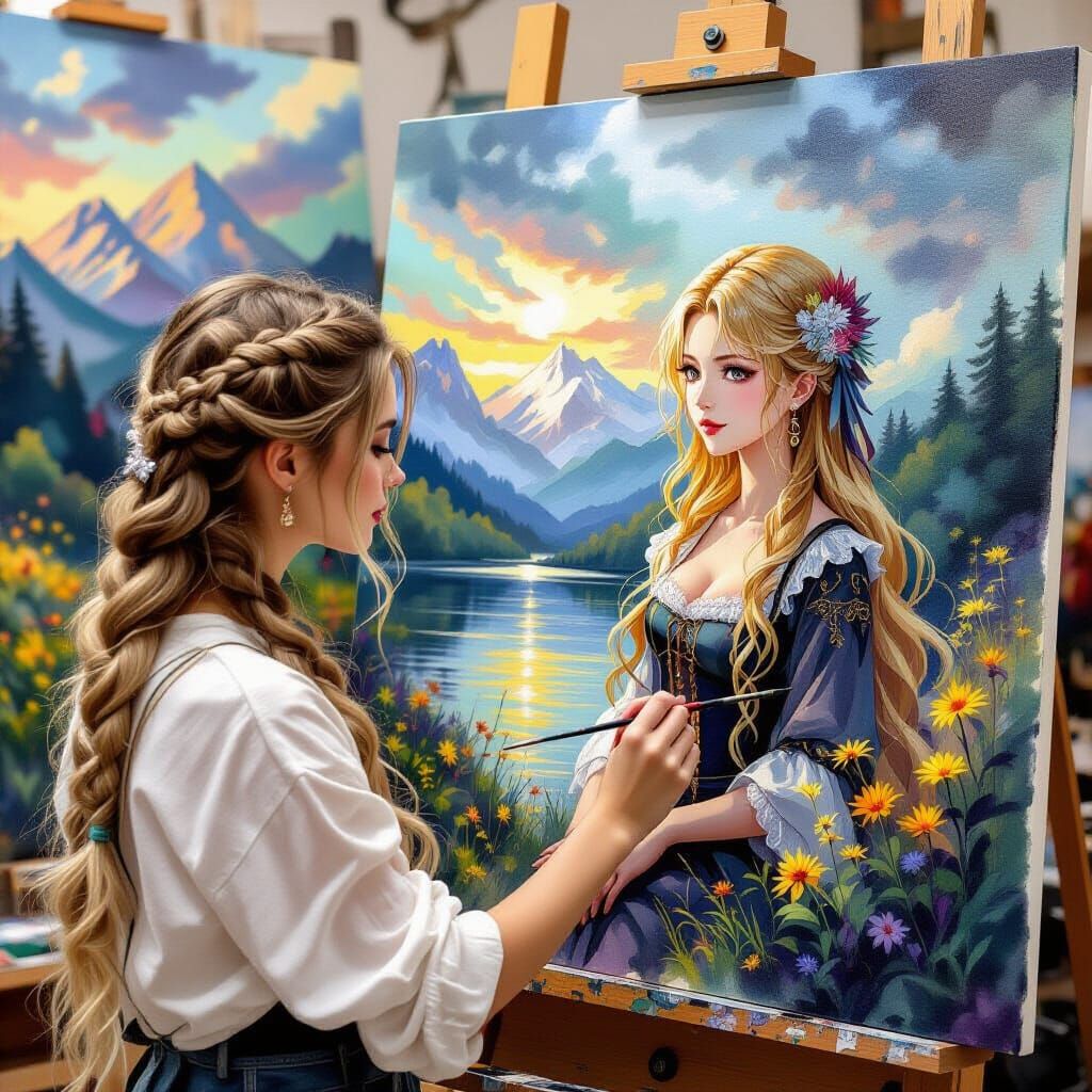 Woman Painting Serene Landscape in Watercolor Style