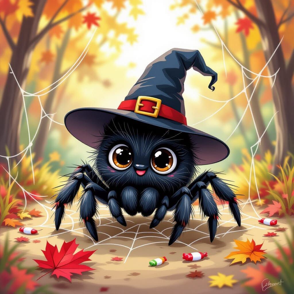 Whimsical Cartoon Spider in Witch Hat on Candy Art Web