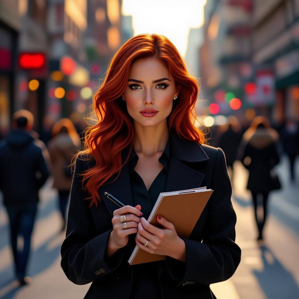Red-Haired Journalist in Expressive City Scene
