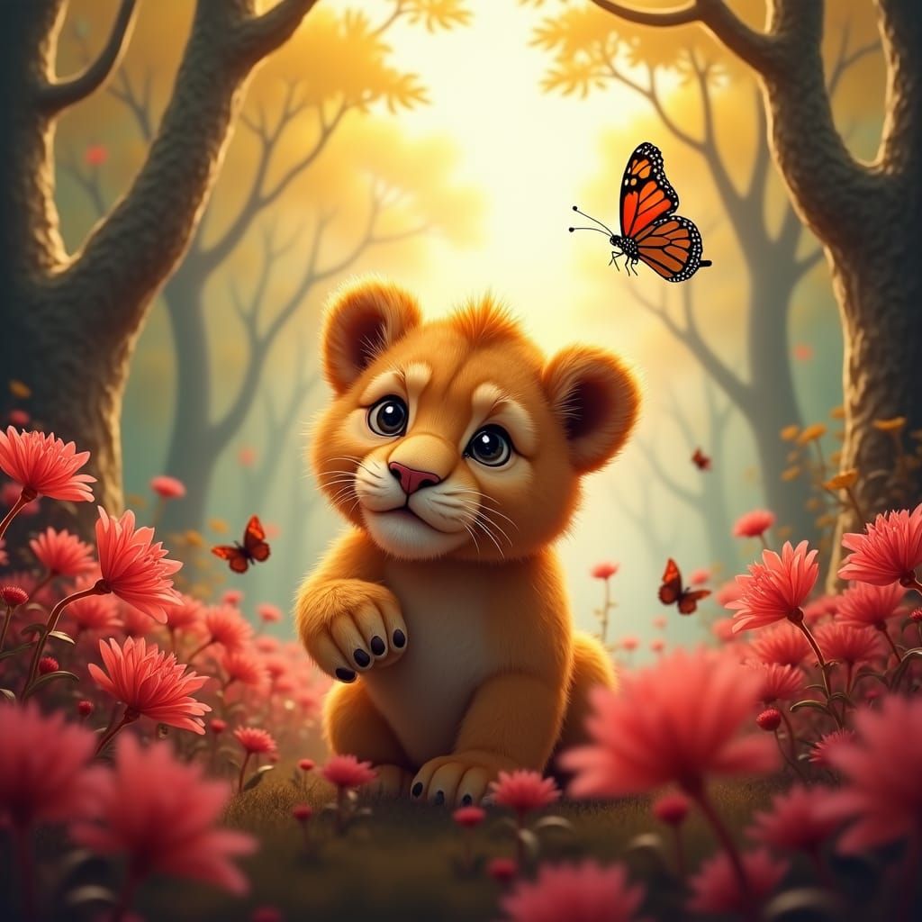 Golden Lion Cub in Whimsical Forest