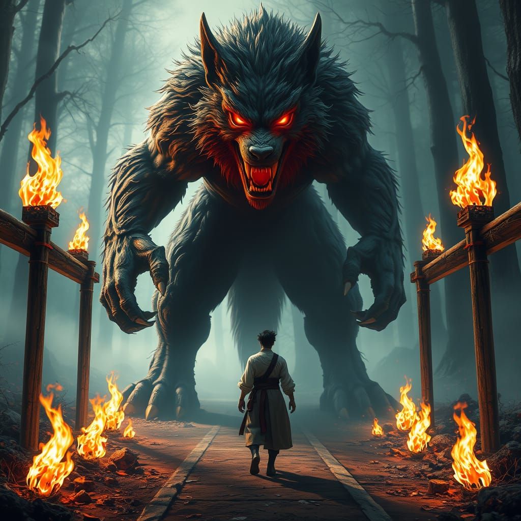 Menacing Wolf Creature in Ghostly Forest Confrontation