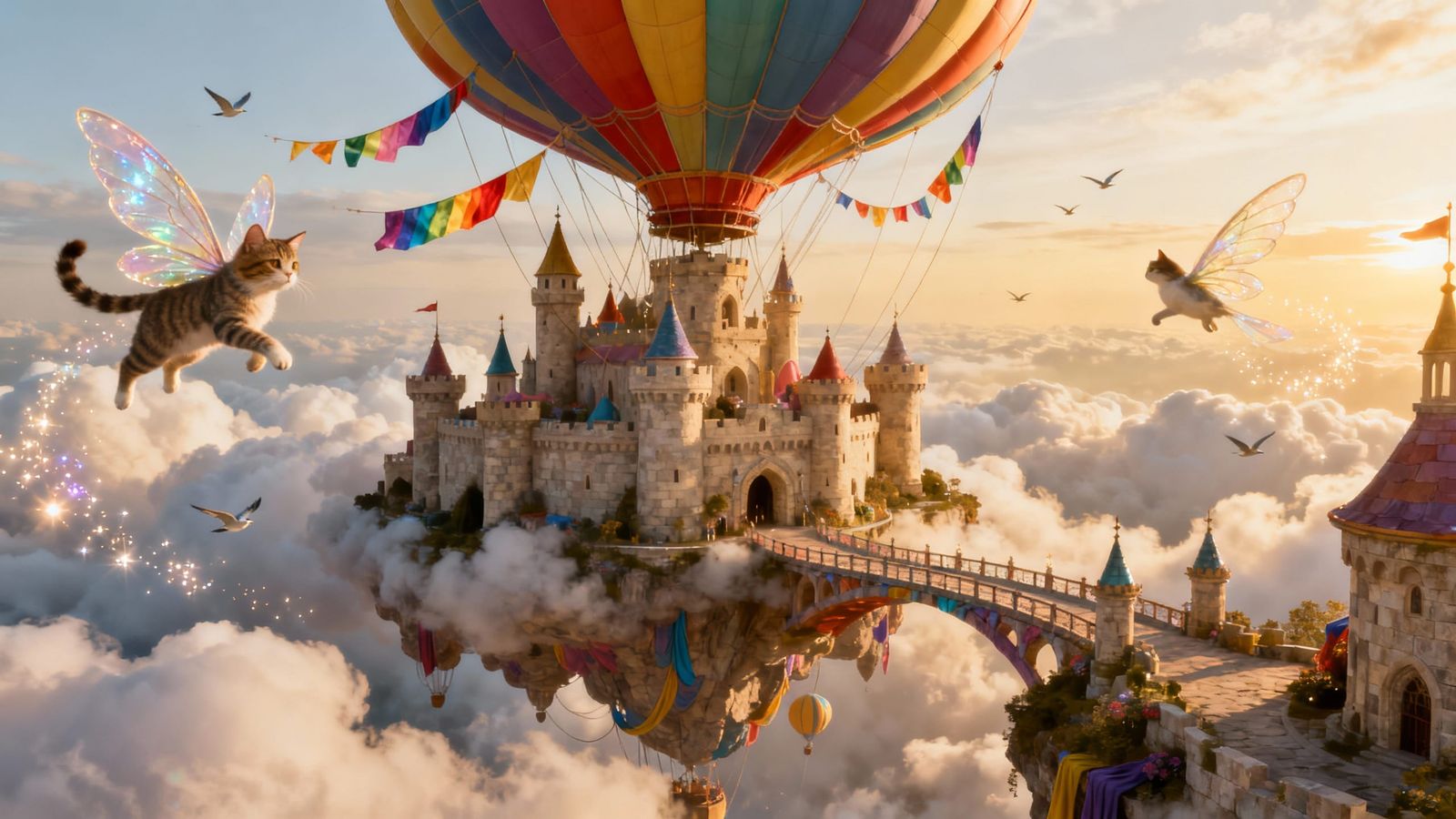 Surreal Sky Castle Supported by Colorful Balloons