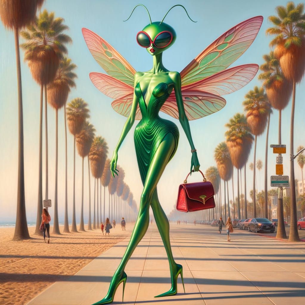 Green Alien-Fairy on Pacific Coast, Digital Gouache Oil Pain...