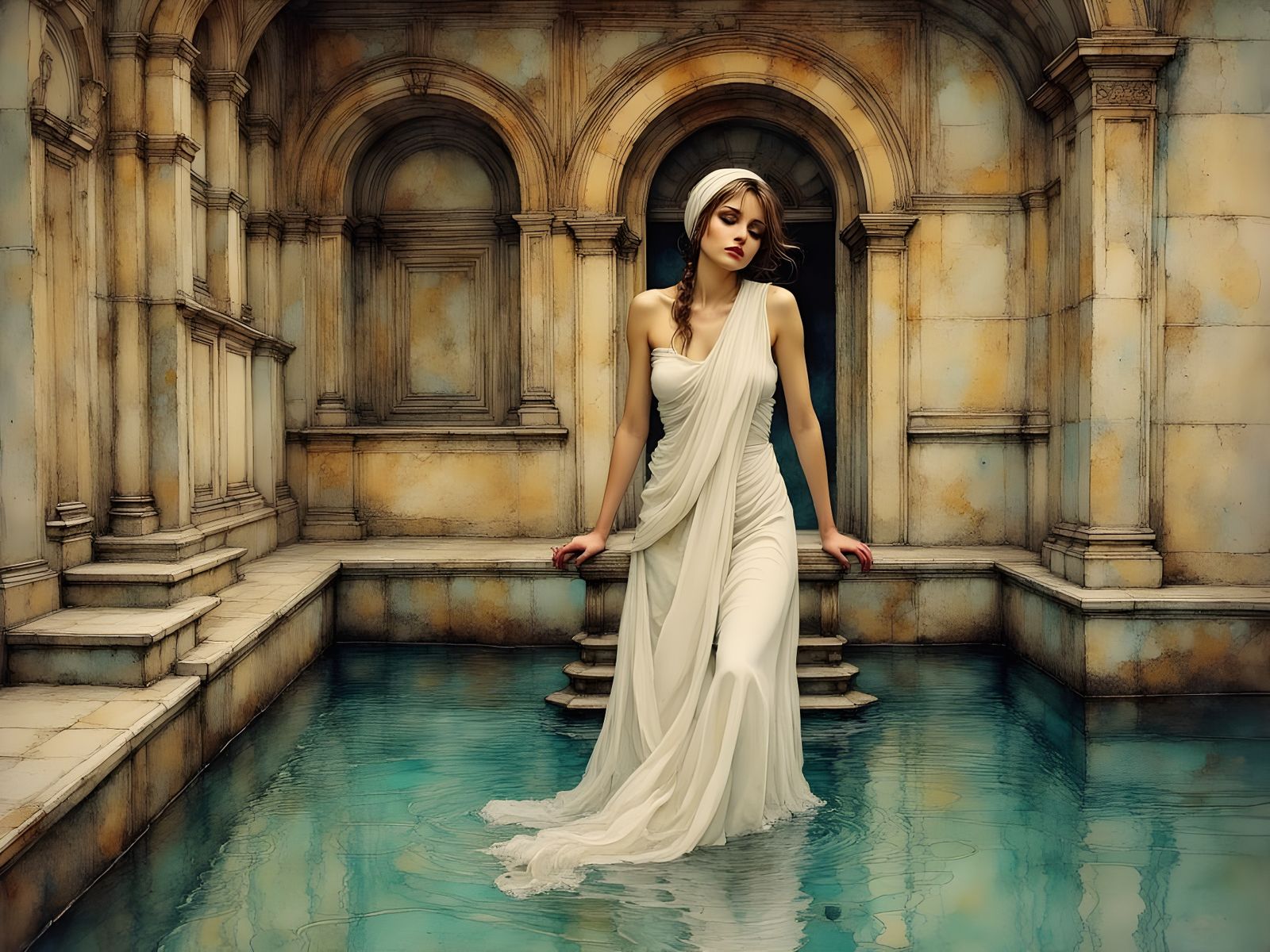Woman Emerging from a Luxurious Art Nouveau Bathhouse