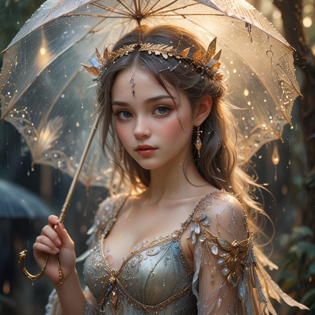 Ethereal Fairy Girl Holds Umbrella in Rain