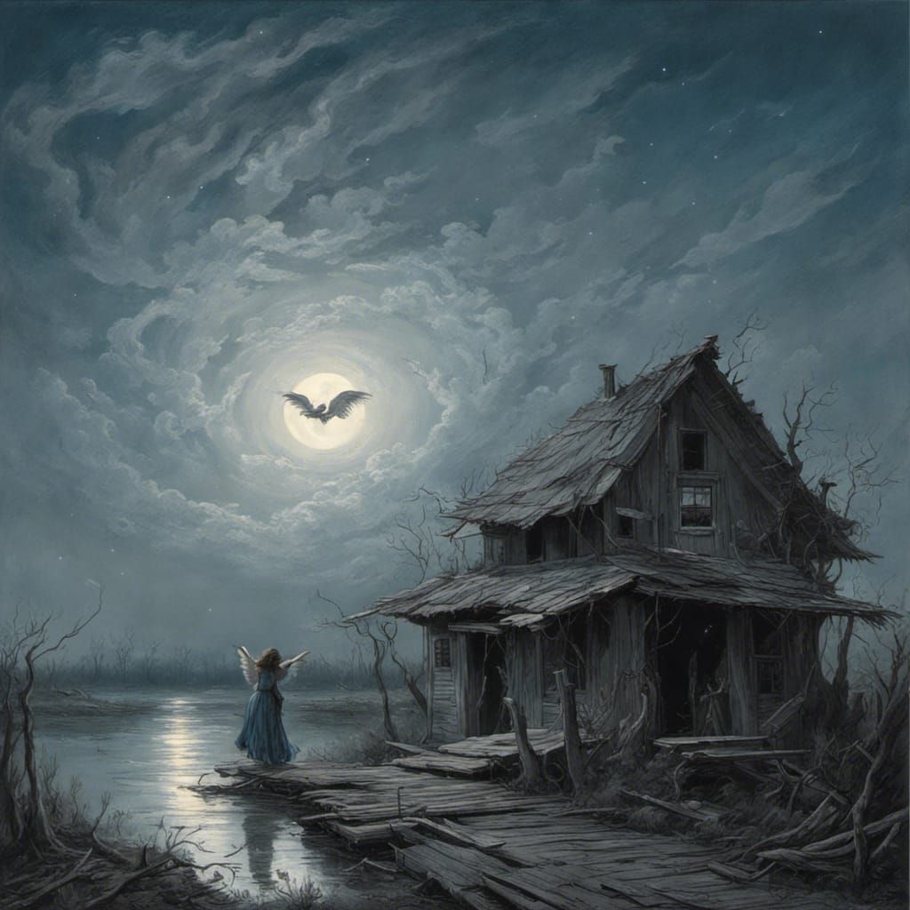 Ethereal Angel's Dance in Swamp, Horror Illustration