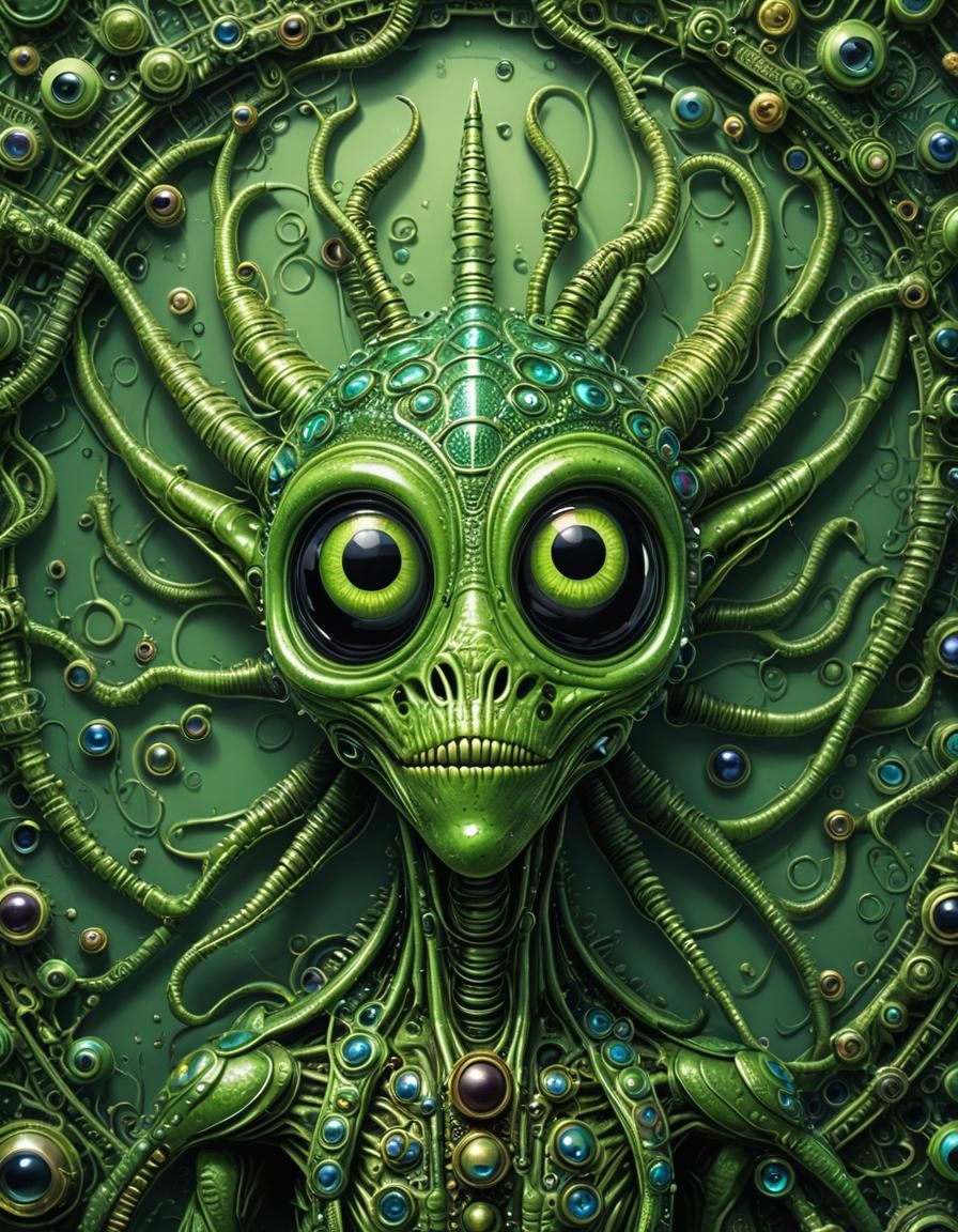 Googly-Eyed Green Alien with Antennae in 90s Style