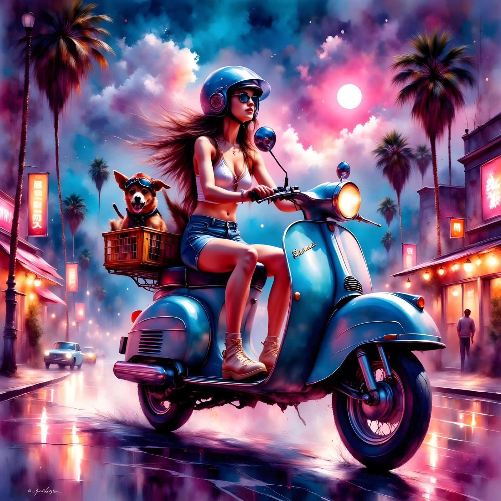 Synthwave Moped Ride Through Retro City at Night