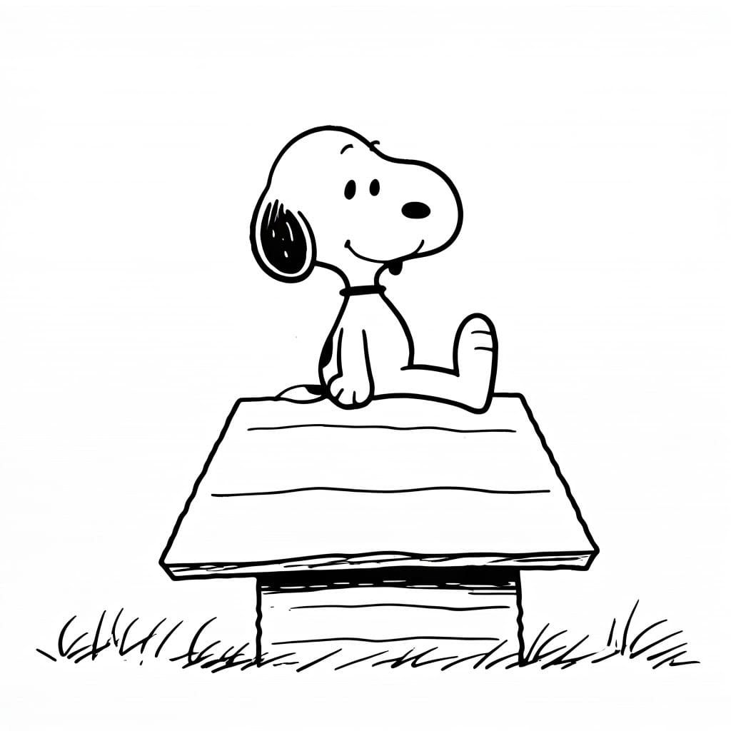 Black and white ink drawing of Snoopy on top of his dog house
