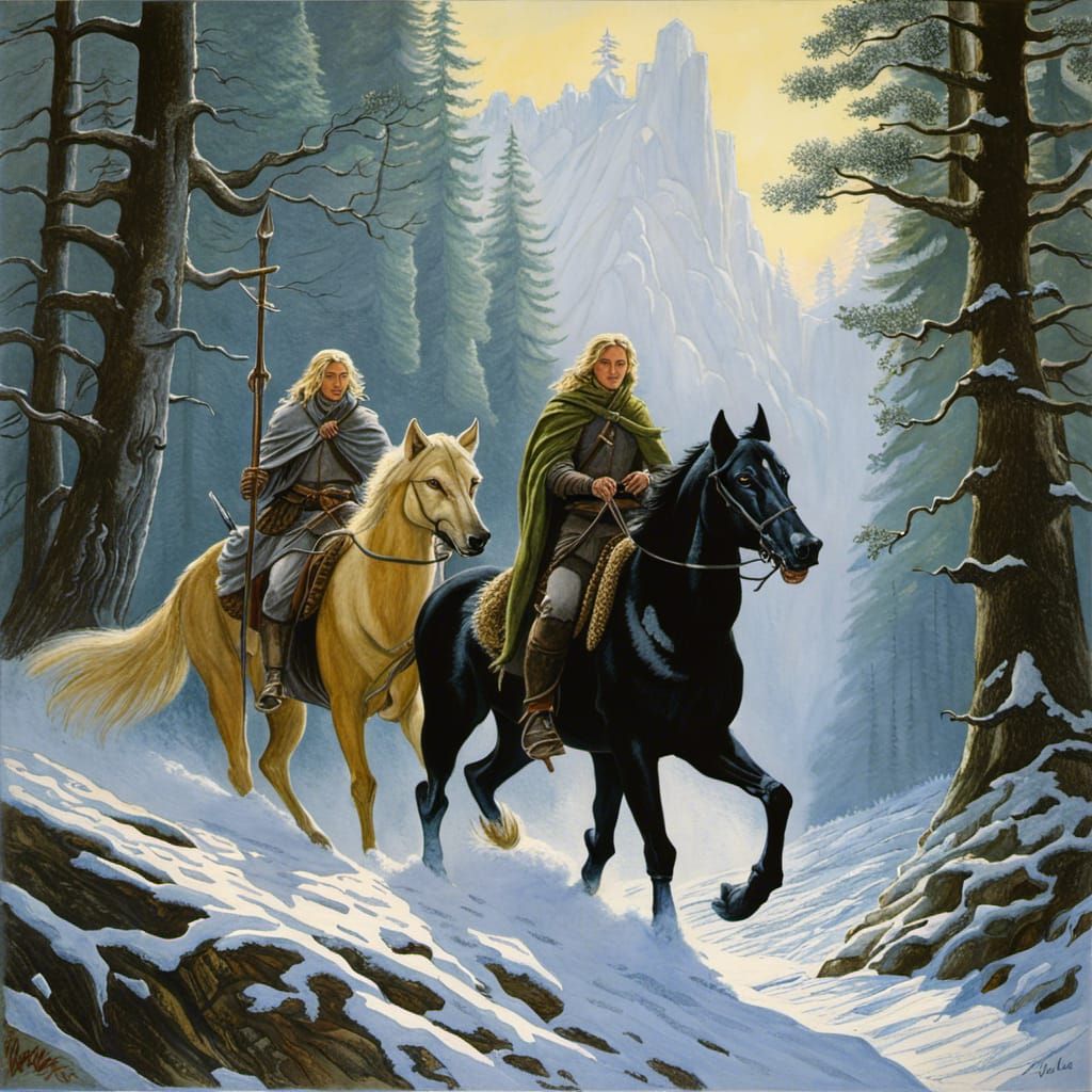 Hunters Chase Giant Wolf in Forest Painting