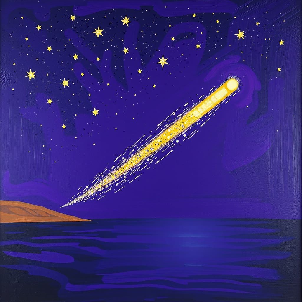 Bearded Meteor Streaks Across Purple Night Sky Over Water