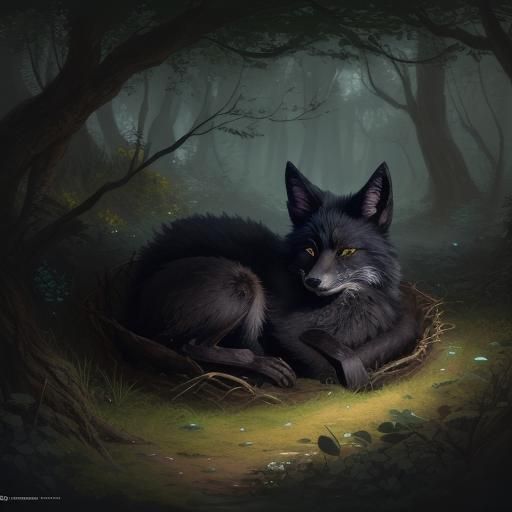 Cute Black Fox Sleeping in Forest Den