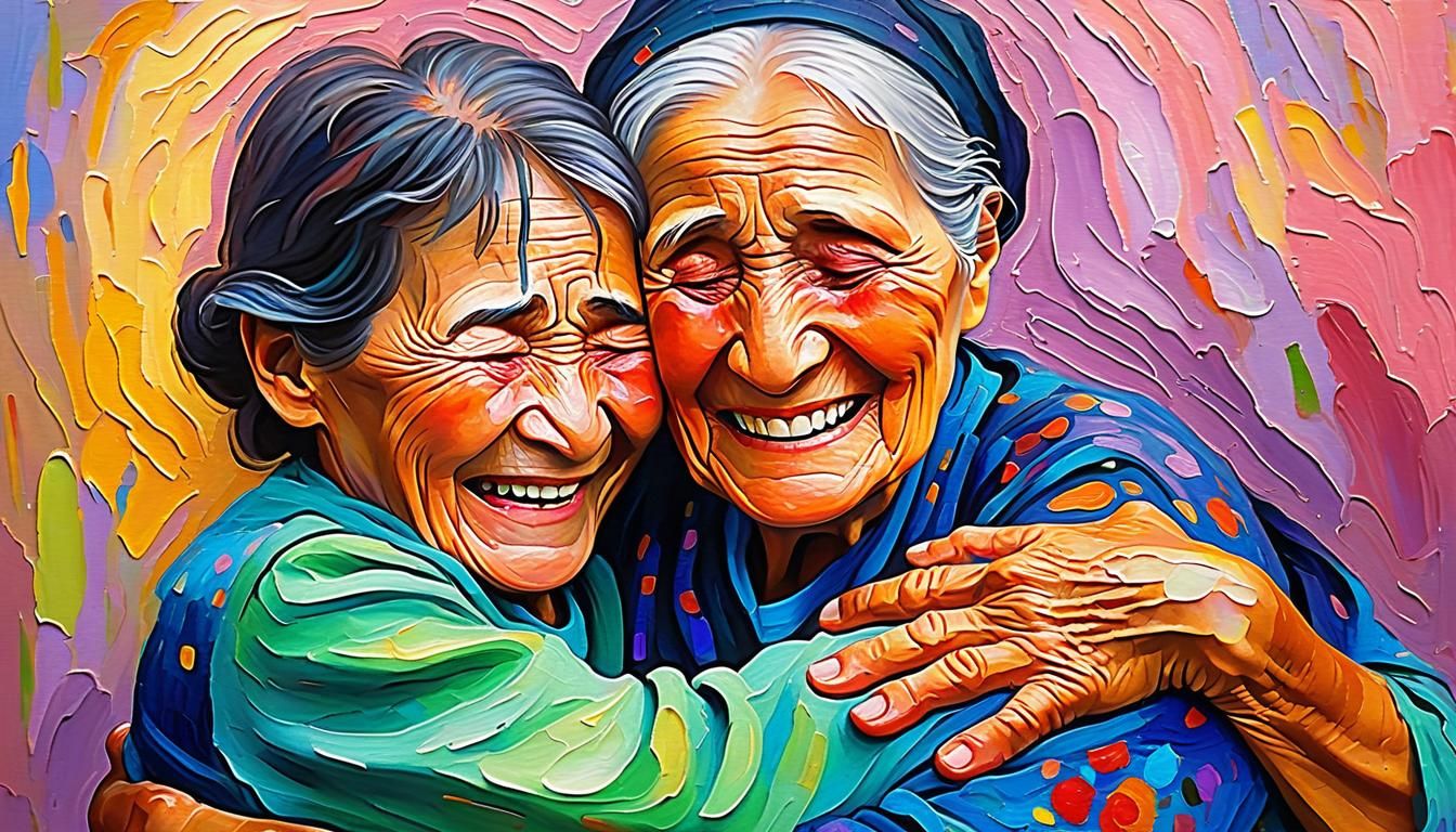 Elder Woman Comforting Nephew: Neo-Impressionist Oil Paintin...