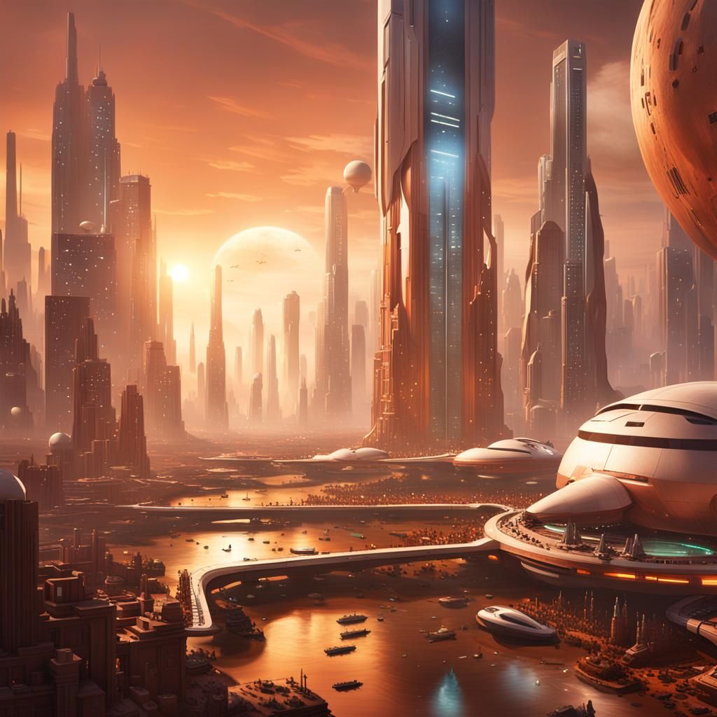 A photorealistic concept art of a sleek, futuristic city built on the surface of Mars, with gleaming skyscrapers and fly...