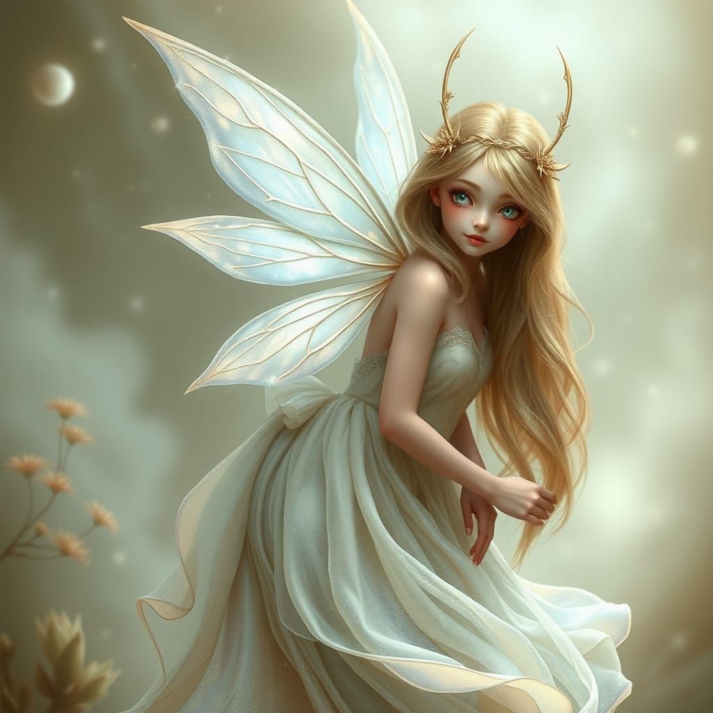 Moonlit Fairy in Whimsical, Dreamy Landscape