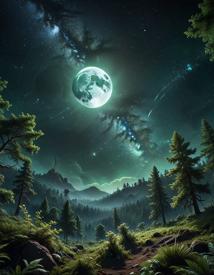 Ethereal Landscape of Earth and its Emerald Moon in Space