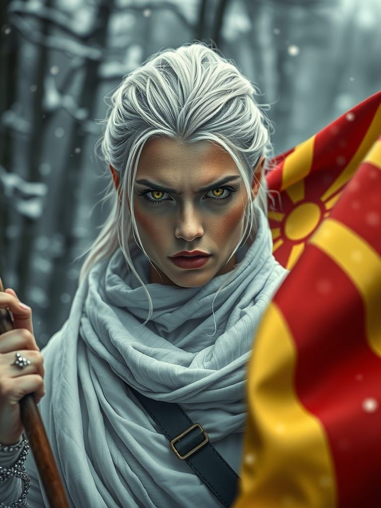 Evil Warrior Woman with White Hair Waving Macedonian Flag in...