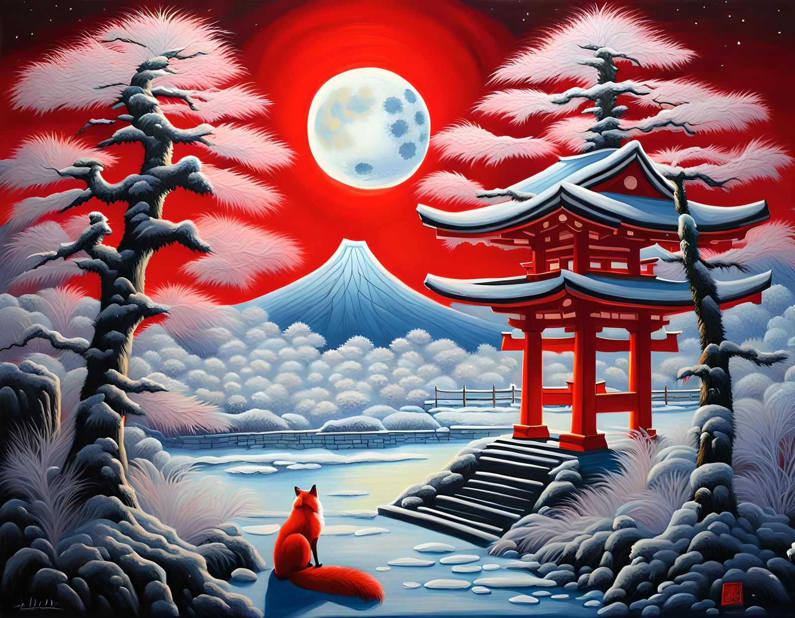 Surreal Shinto Shrine in Icy Japanese Landscape