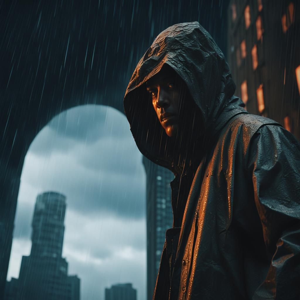 Dramatic Figure in Stormy Cityscape, Cinematic Film Still