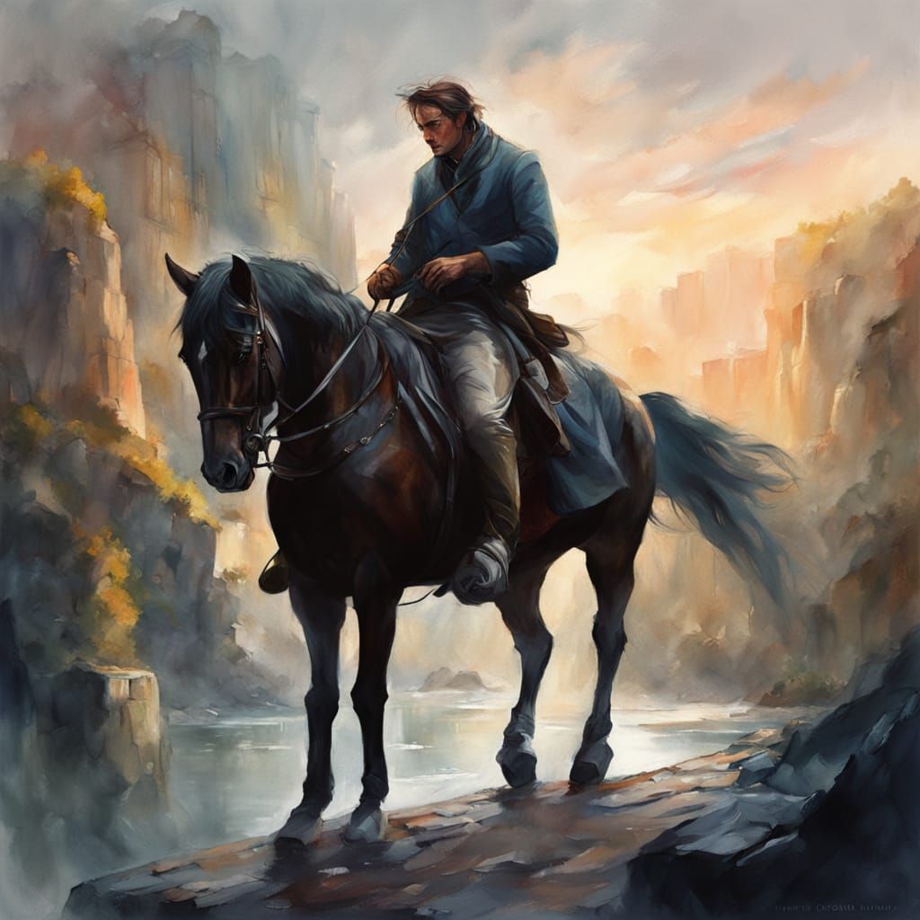 Man on Horse Galloping Across Bridge at Sunrise