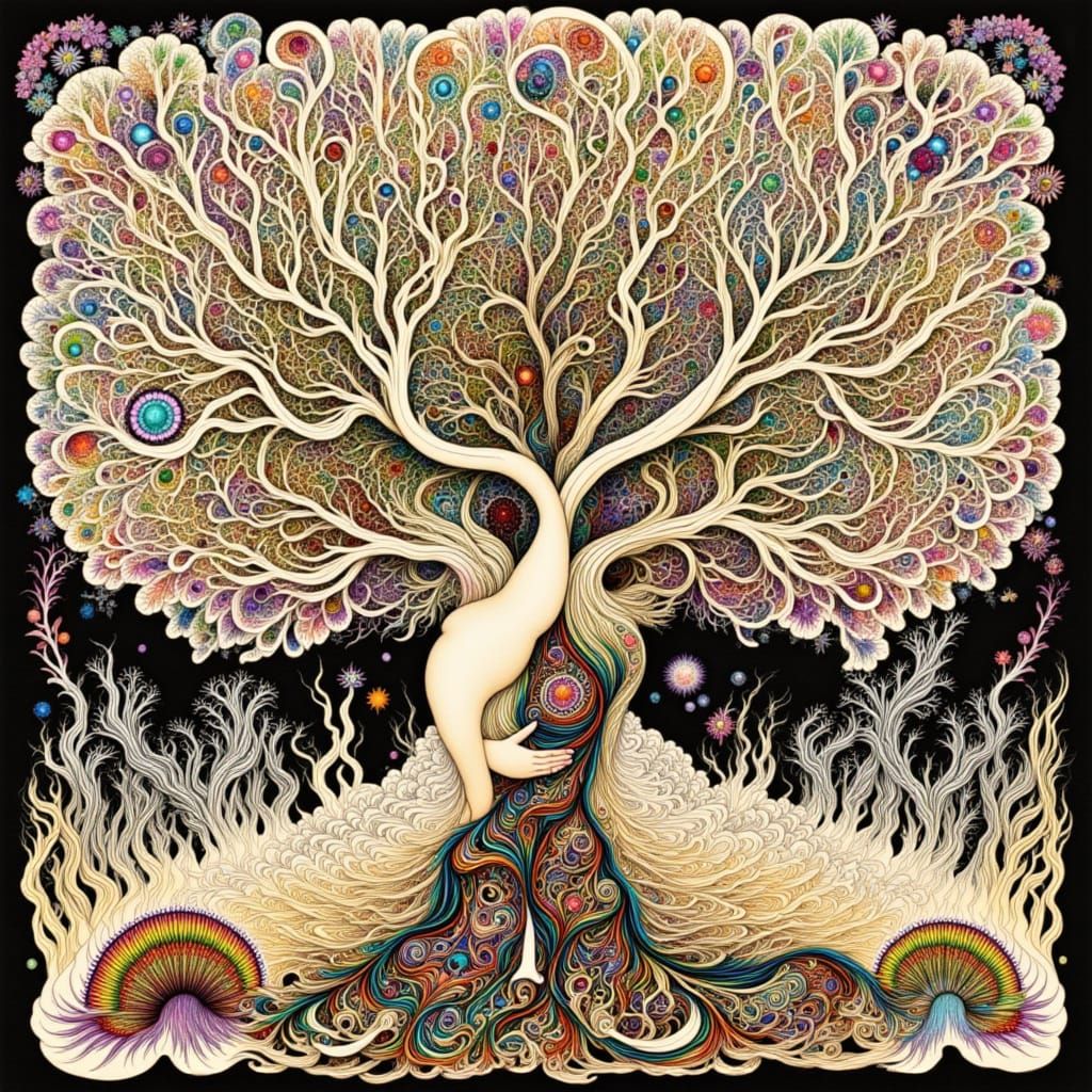 Surreal Model in Kimono Amidst Nature's Fractal Beauty