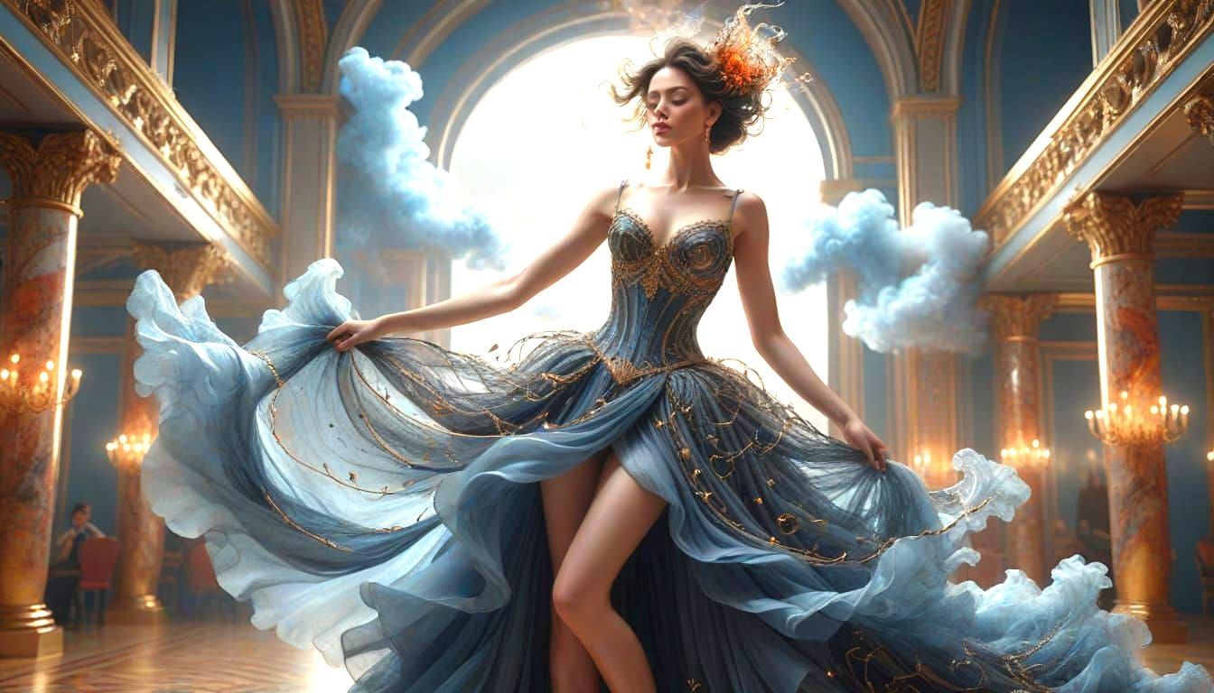 Surreal Ballroom Scene with Woman in Corset Dress