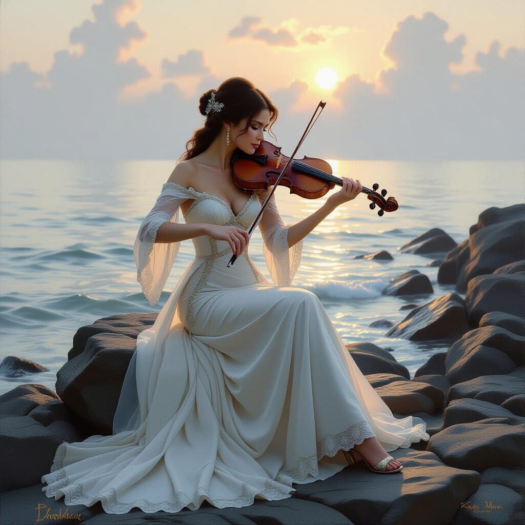 Ethereal Woman Plays Violin by the Sea