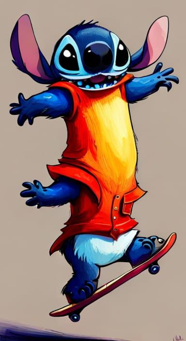 Realistic-Cute-Stitch from lilo and stitch character (Concept-Caracter) skateboarding | Surrealism, Illustration-Storybo...