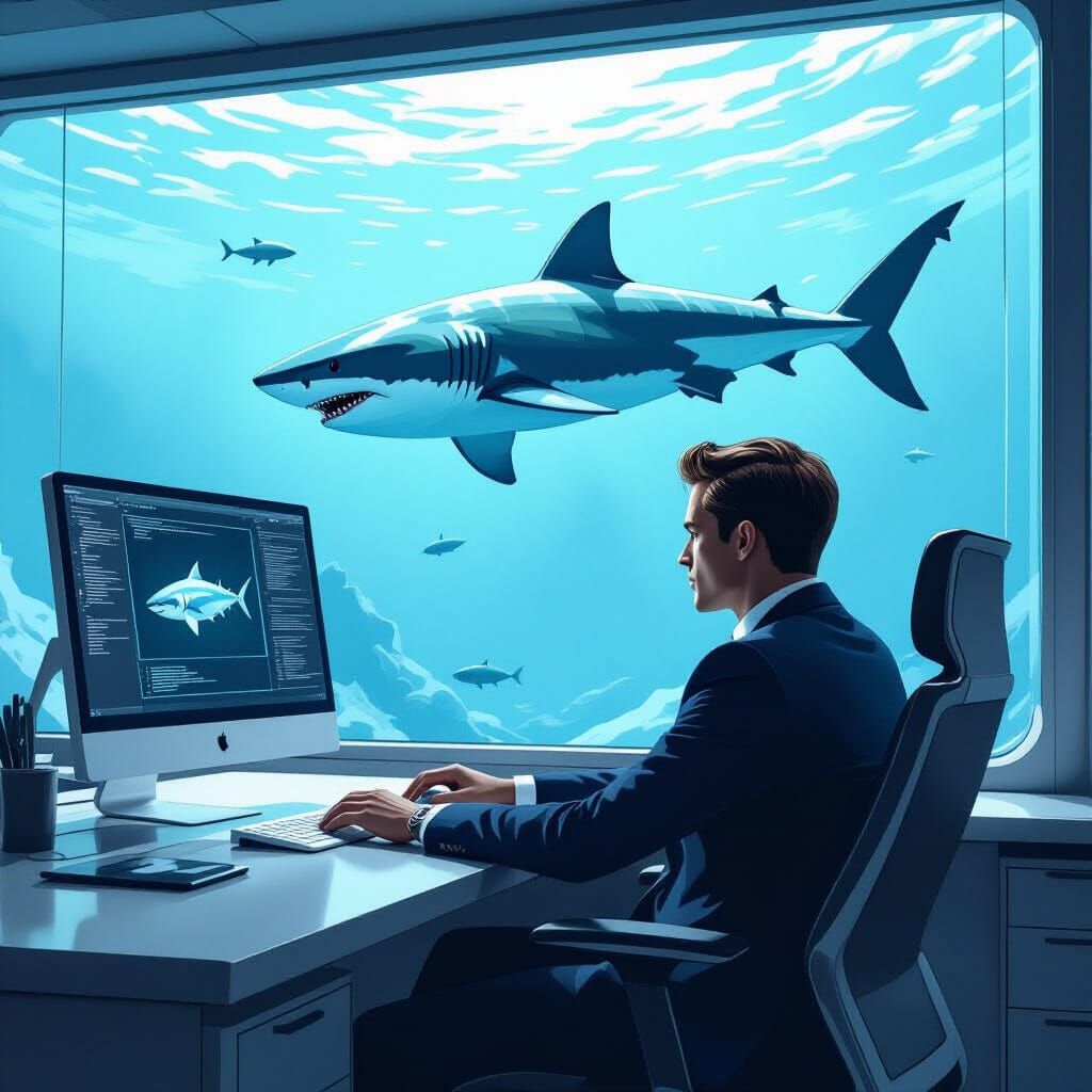 Futuristic Office Scene: Shark Swims Past Window
