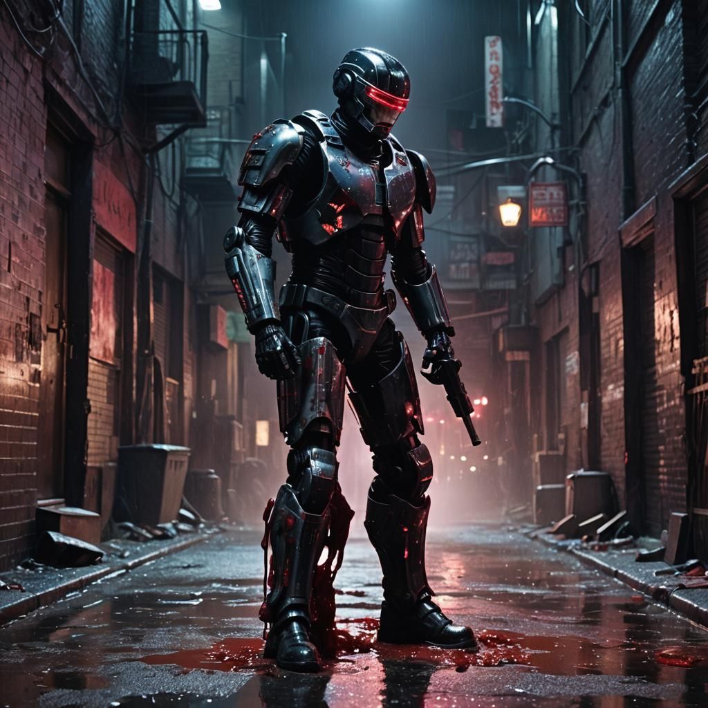 Robocop Kills Zombie in Film Noir Style