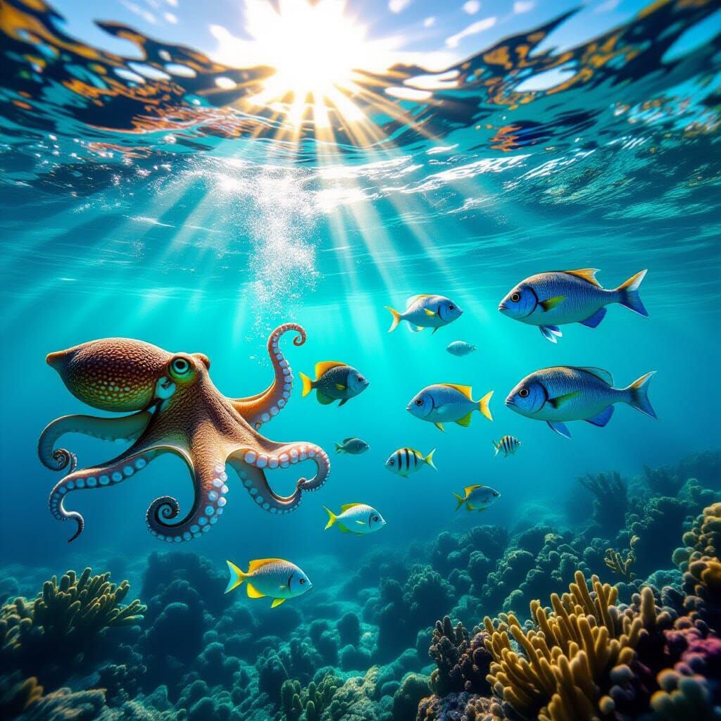 Vibrant Underwater Scene with Diverse Sea Creatures
