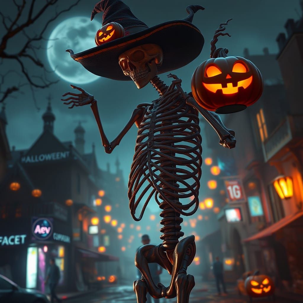 Halloween Skeleton in Downtown, Detailed Matte Painting