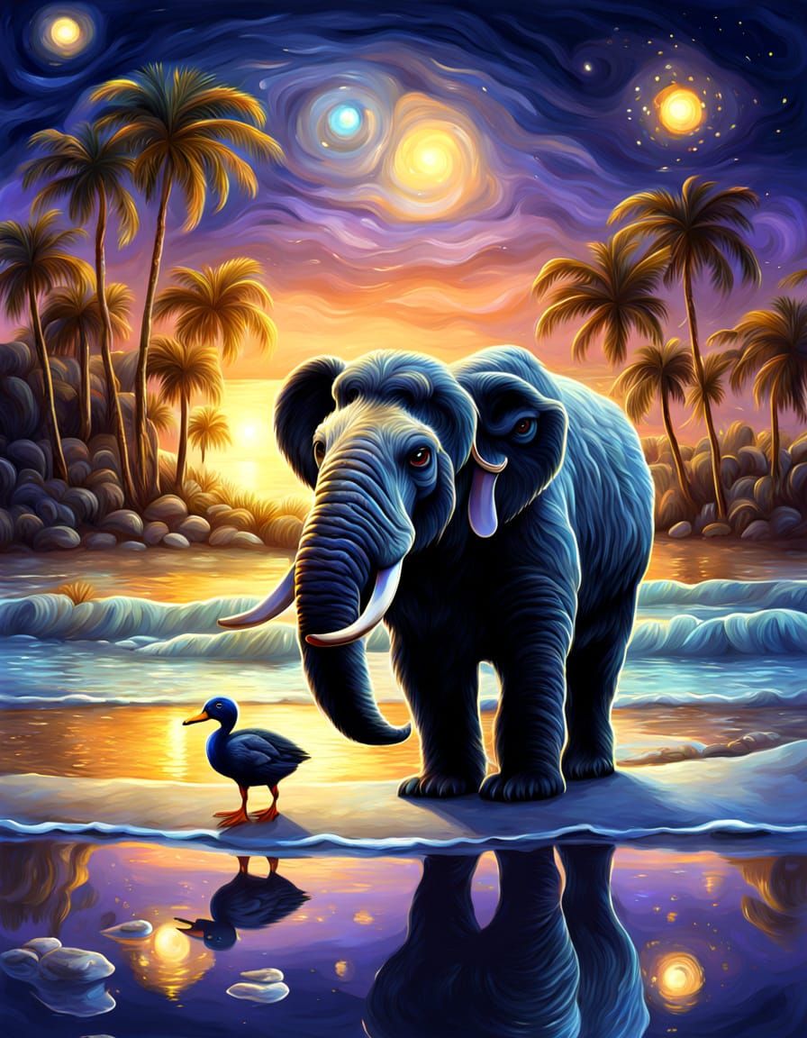 Mammoth in Vibrant Beach Fantasy Scene